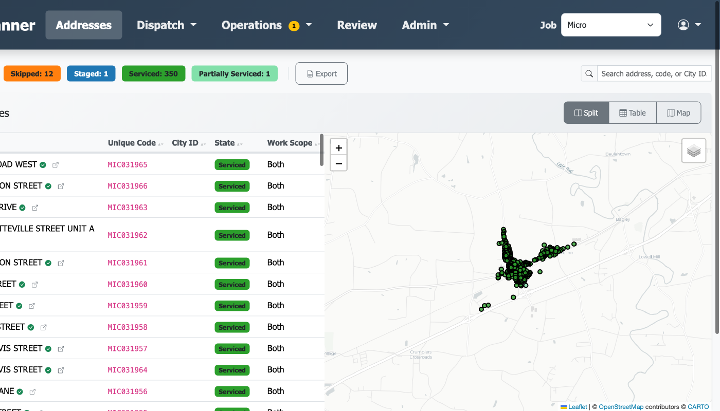 Digplanner addresses screen with status filters, table and map